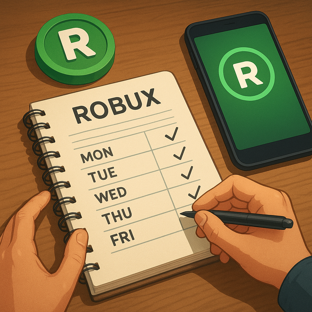 Imagem editorial com interface digital para robux grátis no roblox